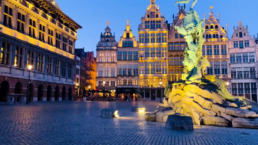 The Grote Markt of Antwerp, Belgium, beautiful old town square with evening lights