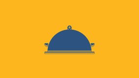 Blue Covered with a tray of food icon isolated on orange background. Tray and lid sign. Restaurant cloche with lid. Kitchenware symbol. 4K Video motion graphic animation.