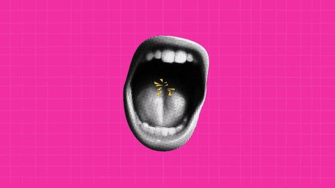 Contemporary Punk y2k collage animation. Retro magazine clippings. Screaming Mouth on pink background. Stop motion and vactor 2D animation, videoclip de stoc