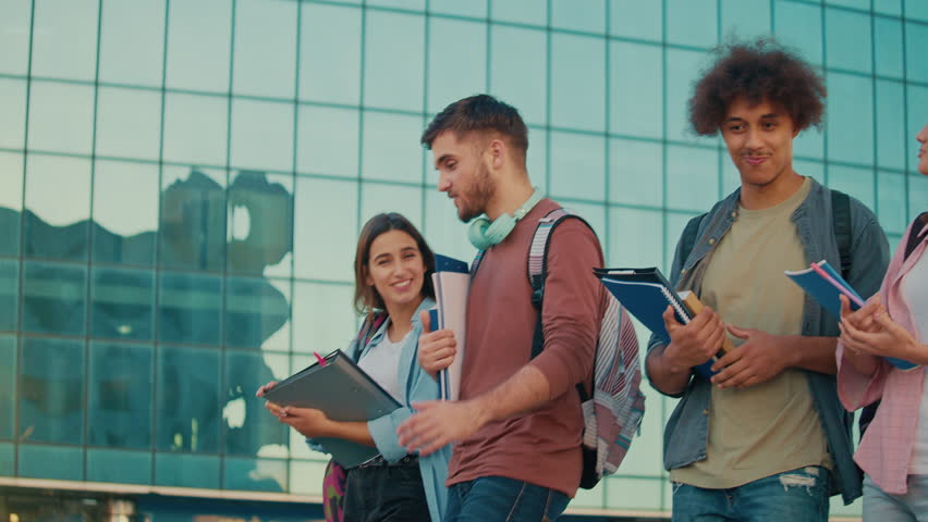 A Group of Students Walk to the Classroom and Talking Walking With Books on Background of College. Young Leaders. Cultural Diversity in Education and Society Royalty-Free Stock Footage #1103405119