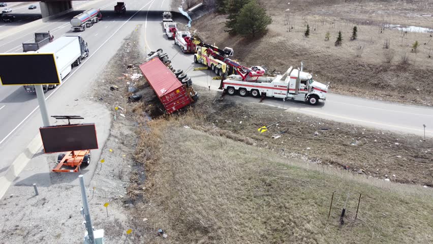Large red semi truck flipped over at highway on-ramp, tow trucks attempt to pull it back