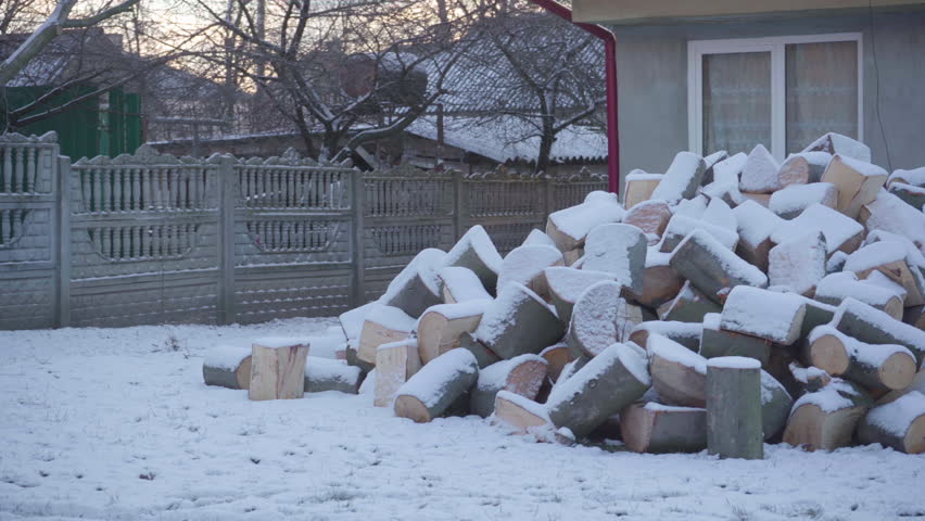 firewood in the yard,there is a pile of uncut firewood near the house in winter