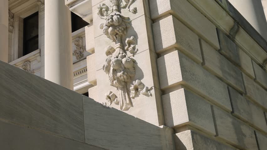 Mississippi State Capitol building in Jackson, Mississippi with close up of facade.