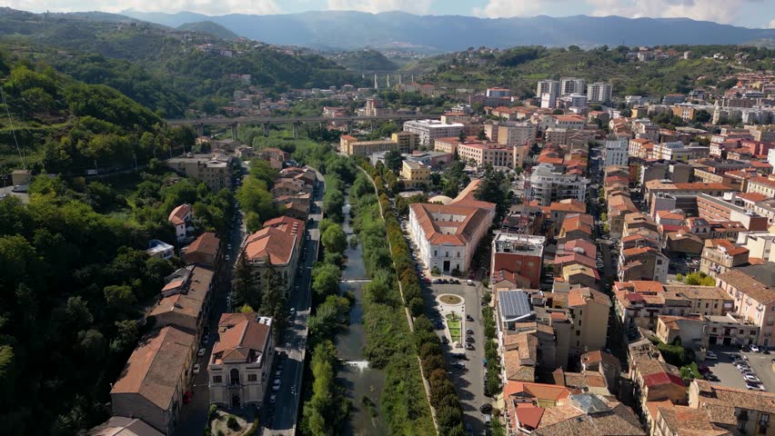 This aerial drone video shows the beautiful old city of Cosenza, in the region of Calabria, Italy. 