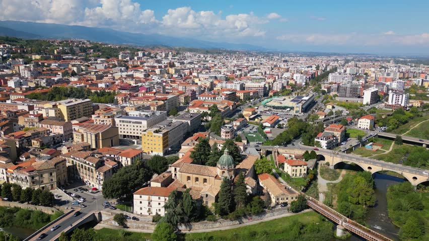 This aerial drone video shows the beautiful old city of Cosenza, in the region of Calabria, Italy. 