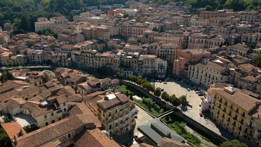 This aerial drone video shows the beautiful old city of Cosenza, in the region of Calabria, Italy. 