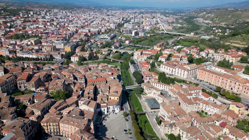This aerial drone video shows the beautiful old city of Cosenza, in the region of Calabria, Italy. 