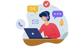 Call center operator male character animation, hotline flat cartoon design. online customer support with headset and computer. 4k video  - Powered by Shutterstock - Get 15% off with code: PIKWIZARD15