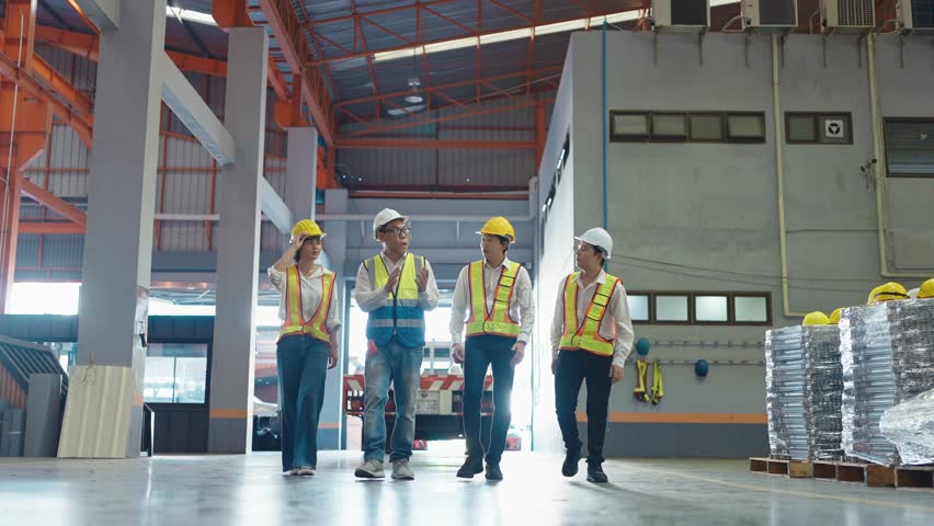 Group of Asian warehouse workers in safety uniform having discussion while walking through industry manufacturing factory. Factory warehouse concept Royalty-Free Stock Footage #1103417259