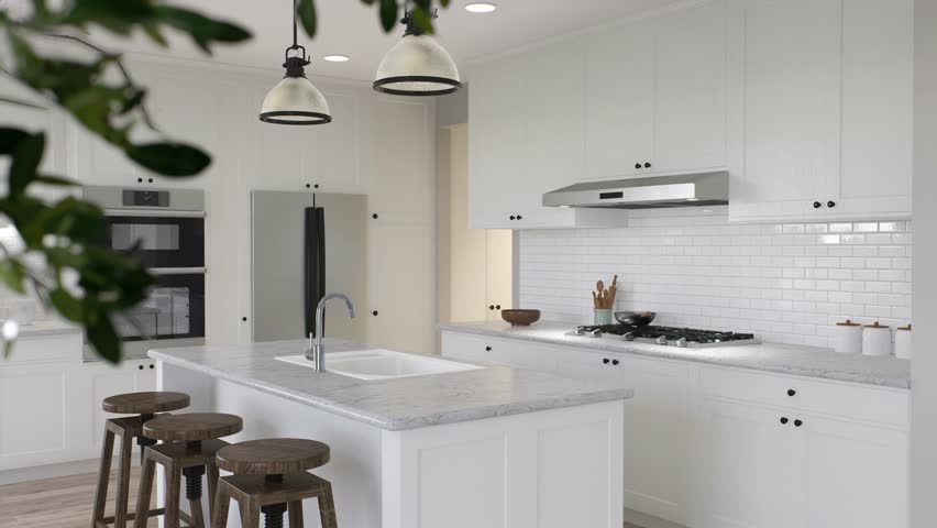 Large white kitchen with island and all necessary appliances. 3d animation. Kitchen with white drawers, with white marble and white tiles on the backsplash and kitchen utensils. Royalty-Free Stock Footage #1103418513