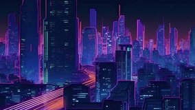 Night city landscape. Skyscrapers. Neon retro futuristic styled video.