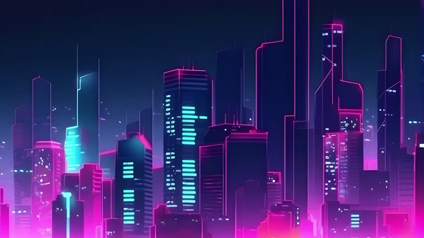 Night city landscape. Skyscrapers. Neon retro futuristic styled video.
