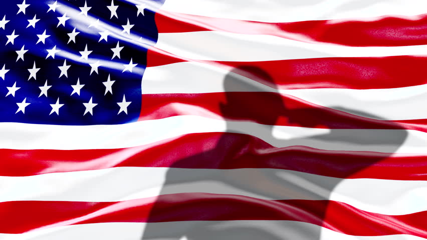 Video US Army Soldier silhouette salutes the waving American Flag, 4K 3D. Concept: USA army, Memorial Day,  American Flag, Honor and Remember, US soldiers, America, Veterans Day, Independence Day