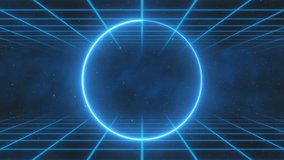 Vibrant neon circle abstract futuristic hi-tech motion background. Video loop animation. 3d render, blue cyan neon round frame, circle, ring shape, empty space, ultraviolet light, 80's retro style	
