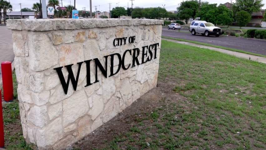 City of Windcrest, Texas sign with gimbal video stable. Royalty-Free Stock Footage #1103432429