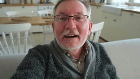 Happy middle aged senior man talk on video call with friends family. Laughing mature old senior grandfather having fun speaking with grown up children online. Headshot portrait selfie webcamera view