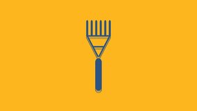 Blue Garden rake icon isolated on orange background. Tool for horticulture, agriculture, farming. Ground cultivator. Housekeeping equipment. 4K Video motion graphic animation.