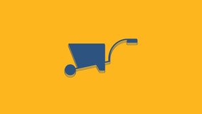 Blue Wheelbarrow icon isolated on orange background. Tool equipment. Agriculture cart wheel farm. 4K Video motion graphic animation.