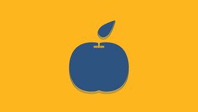 Blue Apple icon isolated on orange background. Fruit with leaf symbol. 4K Video motion graphic animation.