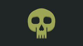 Green Skull icon isolated on black background. 4K Video motion graphic animation.