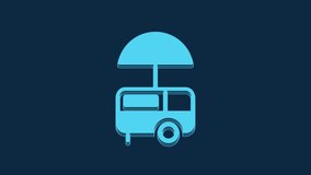 Blue Fast street food cart with awning icon isolated on blue background. Urban kiosk. Ice cream truck. 4K Video motion graphic animation.
