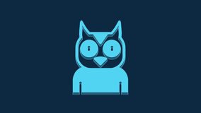 Blue Owl bird icon isolated on blue background. Animal symbol. 4K Video motion graphic animation.