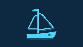 Blue Yacht sailboat or sailing ship icon isolated on blue background. Sail boat marine cruise travel. 4K Video motion graphic animation.