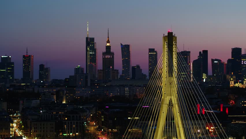 Warsaw city center at twilight, aerial footage