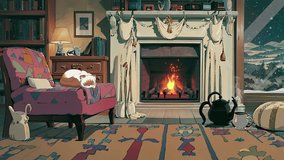 Snowy night in cozy room. Read books and drinking coffee. Sweet Cat Sleeping Next To Fireplace. Loop Animation Video For LoFi Music and Live Wallpaper