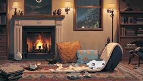 A cup of hot tea, reading a book in front of the fireplace on a cozy Rainy Night Ambience. Sweet Cat Sleeping Next To Fireplace. Loop Animation Video For LoFi Music and Live Wallpaper