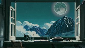 Window of a chalet overlooking the starry sky and meteors, mountains and majestic clouds. Loop Animation Video For LoFi Music and Live Wallpaper
