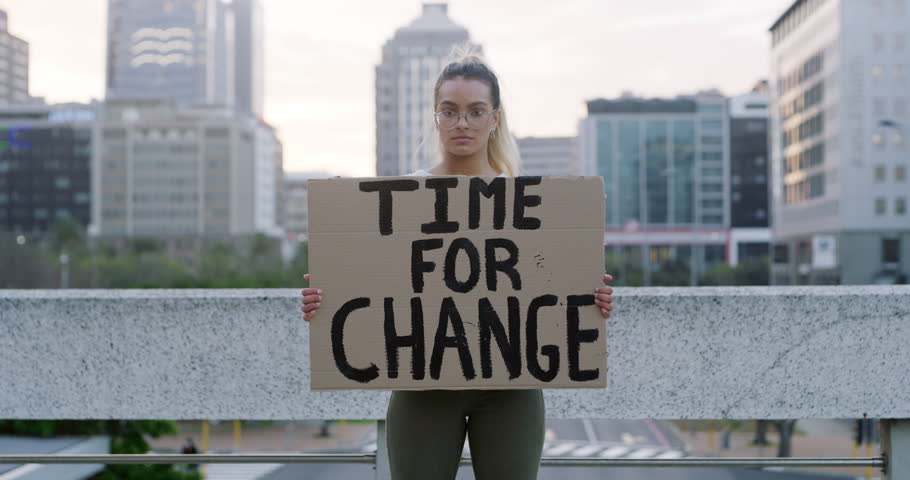Portrait, woman and holding protest poster for climate change, global warming crisis and eco justice. Girl, protesting and banner to save, protect and fight for planet or environment politics