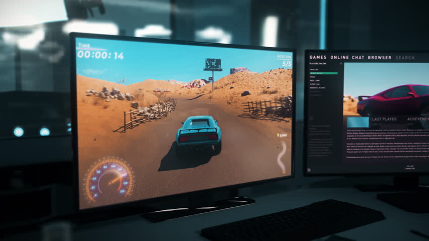 Animation of the modern computer racing game. Animation of the drifting challenge inside of the newest racing game. Animation of the blue car driving on the desert road in the racing video game. | Shutterstock HD Video #1103446769