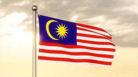 Malaysia Flag blowing in the wind with sunset sky background, 4k 3D Animation Video