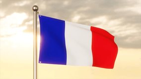France Flag blowing in the wind with sunset sky background, 4k 3D Animation Video