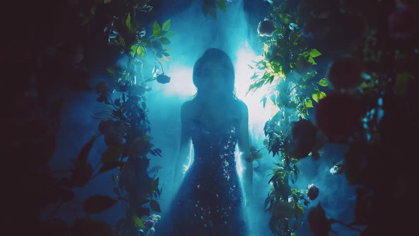 dark shadow silhouette fantasy woman walking in black night garden in fog fairytale portal arch flowers, art neon blue color magic light. Mystery lady Gothic Girl princess shiny sexy dress in smoke 