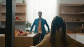 Happy family at kitchen blurry view little daughter run to dad child kid girl running to father daddy rise up baby spinning around swirling hugging cuddling touch noses bonding affection childcare - Powered by Shutterstock - Get 15% off with code: PIKWIZARD15