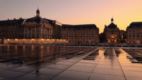 Cinematic footage of Place de la Bourse at sunset in Bordeaux, France. High quality 4k footage