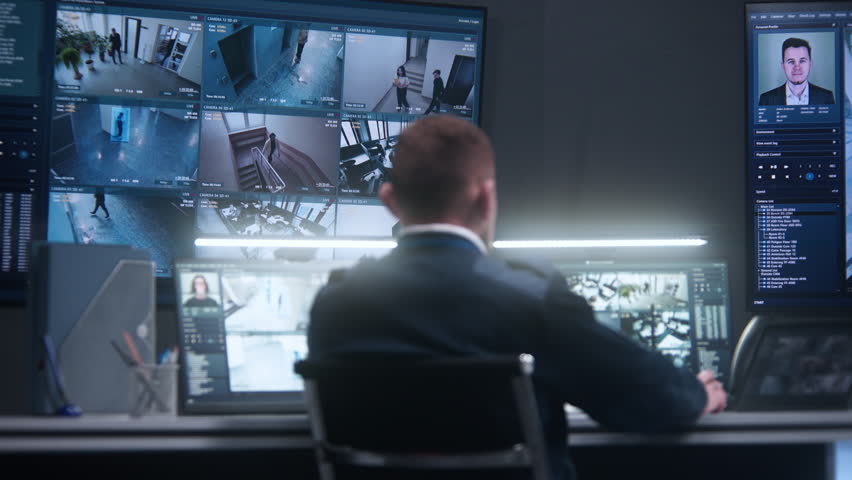 Male officer controls security cameras with AI face scanning. Female operator works in police surveillance center. Big digital screens on the wall and PC monitors with CCTV cameras footage. Back view. Royalty-Free Stock Footage #1103458771