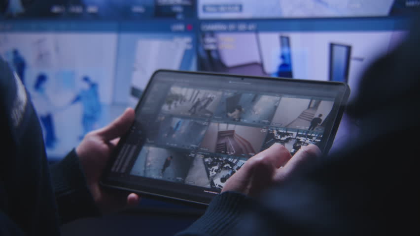 Close up shot of officer zooming and controlling security cameras using tablet in police monitoring center. Big screen on the wall shows CCTV cameras with AI facial recognition footage. Social safety. Royalty-Free Stock Footage #1103458777