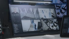 Video footage of surveillance CCTV cameras with AI face scanning system displayed on computer monitors and tablet. Big digital screen with big data on background. Security monitoring center. Timelapse - Powered by Shutterstock - Get 15% off with code: PIKWIZARD15