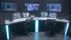 Workspace in modern security control center for monitoring CCTV cameras with AI facial recognition system. Computer monitors, tablet and big digital screens showing surveillance cameras video footage. - Powered by Shutterstock - Get 15% off with code: PIKWIZARD15