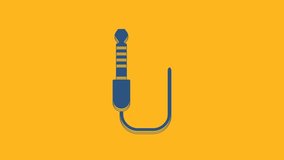 Blue Audio jack icon isolated on orange background. Audio cable for connection sound equipment. Plug wire. Musical instrument. 4K Video motion graphic animation.