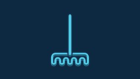 Blue Garden rake icon isolated on blue background. Tool for horticulture, agriculture, farming. Ground cultivator. Housekeeping equipment. 4K Video motion graphic animation.