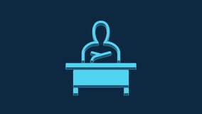 Blue Schoolboy sitting at desk icon isolated on blue background. 4K Video motion graphic animation.