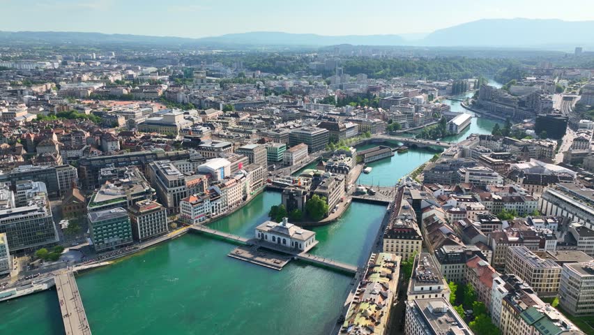 Geneva city centre, aerial view of Rhone river in Geneva, Switzerland, panoramic view of Swiss town of Geneva, headquarters of UN organisation . High quality 4k footage