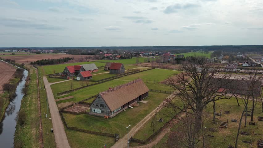 Restored old buildings of the former inhabitants of Olendry on the banks of the Vistula River, Poland.