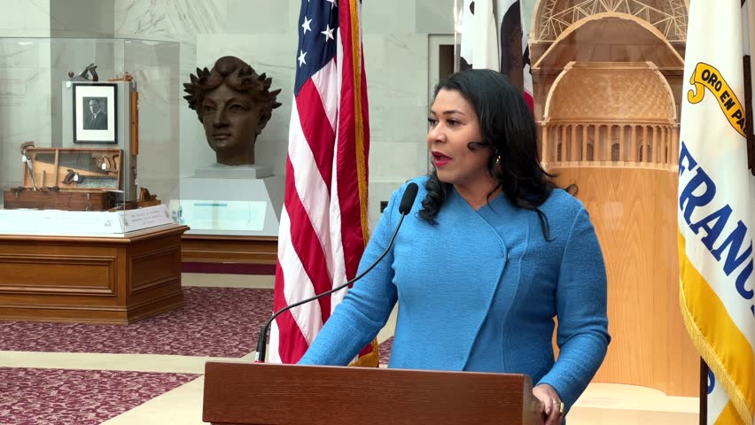 San Francisco, CA - April 26, 2023: 4K HD video Mayor London Breed speaking at a press conf at City Hall to announce the events and celebrations that will take place during APA Heritage Month.
