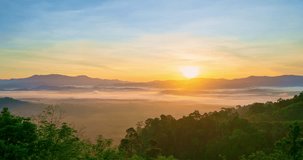 Timelapse sunrise with fog in the morning above mountain peak, Beautiful light sunrise or sunset nature Landscape, Amazing video cinematic nature landscape view in Thailand