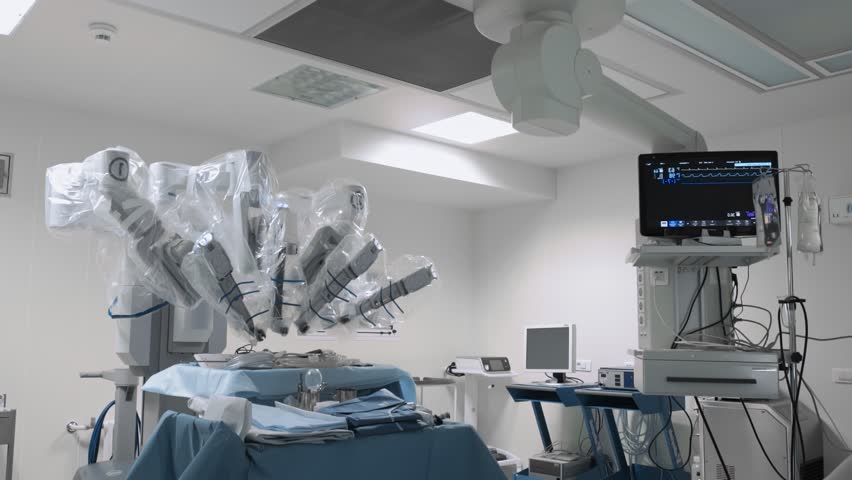 Operating room in modern clinic with robotic surgery equipment. Medical robot device, new technologies in medicine, minimally invasive Da Vinci surgical system Royalty-Free Stock Footage #1103483311